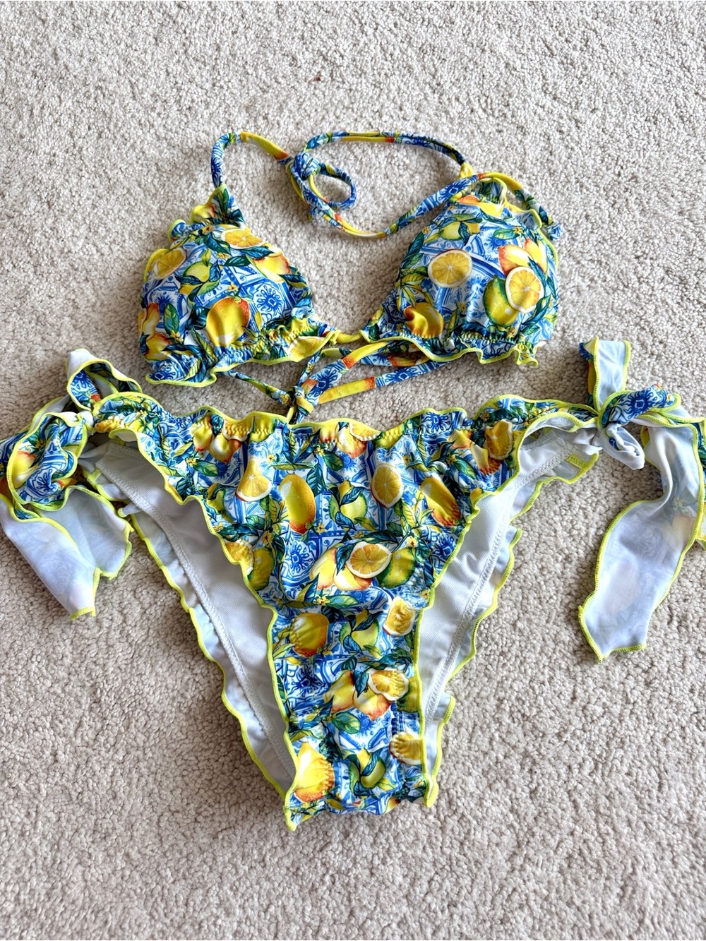Yellow Lemon Print Tie-Side Bikini Set - Brand New